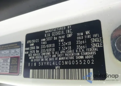 2021 Kia Sorento S z USA, uszkodzony, nr VIN 5XYRL4LC5MG055202